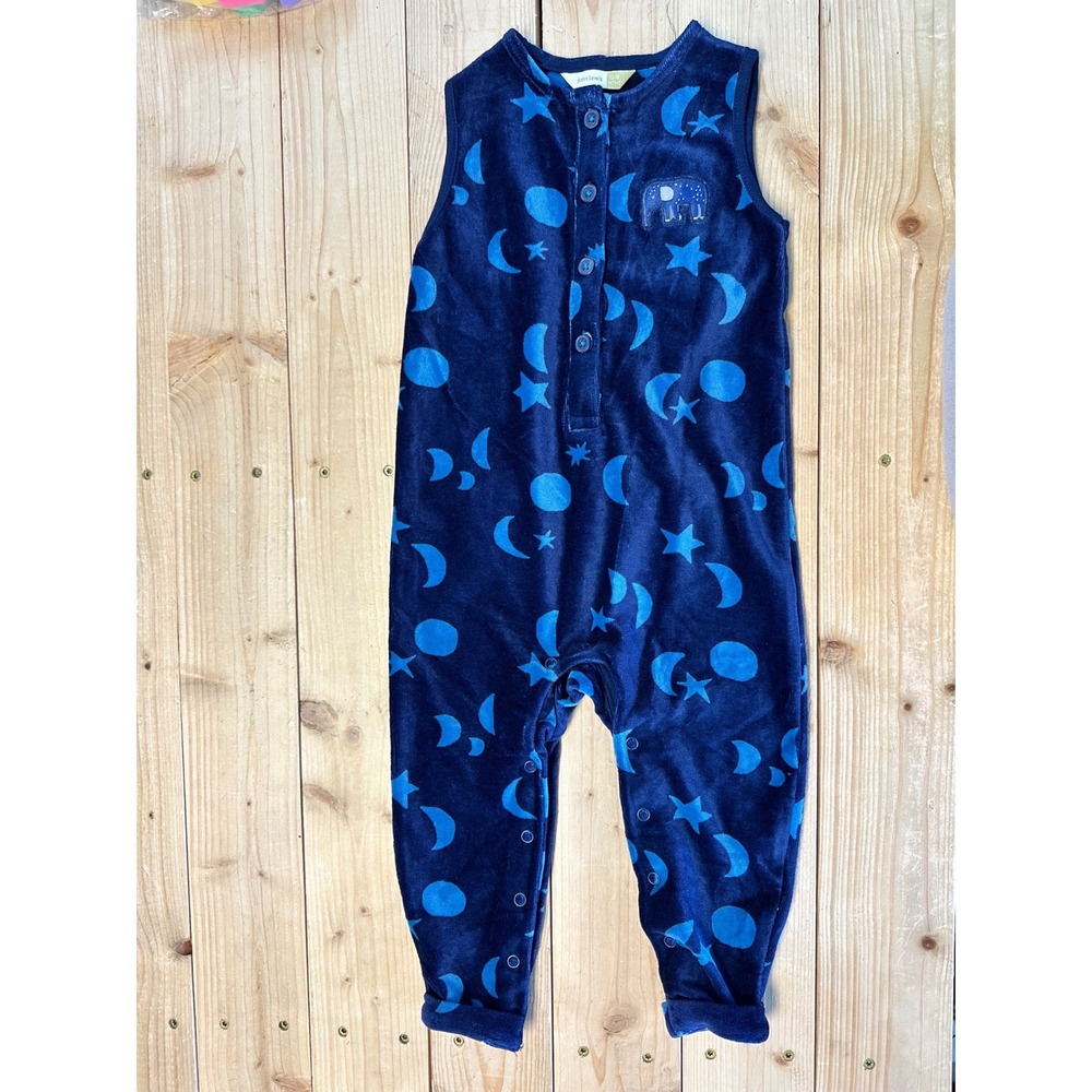 John Lewis Baby Velour Romper Navy Blue Celestial Moon Star Elephant‎ 12-18 Mos